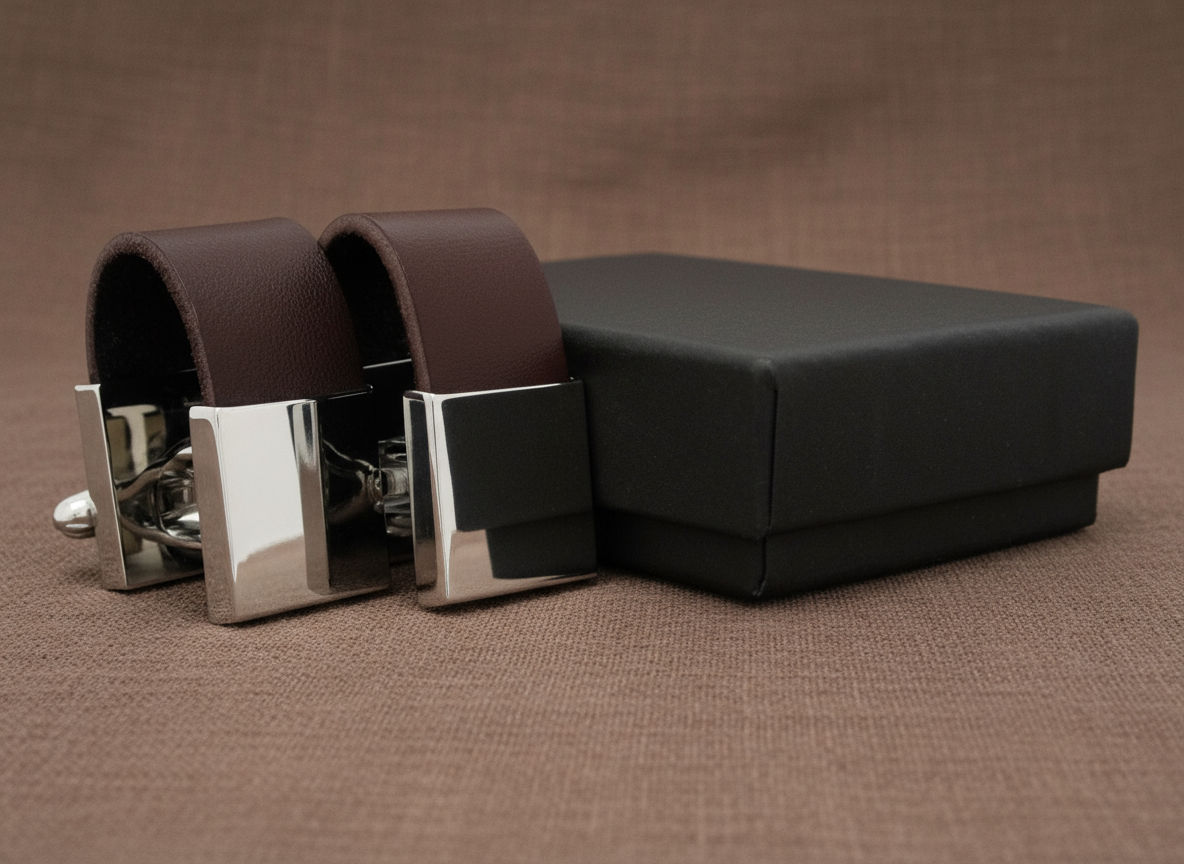 Brown Leather Polished Steel Cufflinks