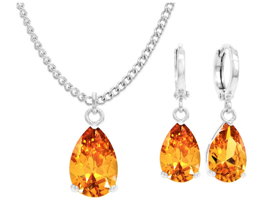 White Gold Citrine Pear Gem Necklace And Earrings