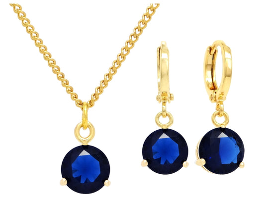 Yellow Gold Blue Round Gem Necklace And Earrings