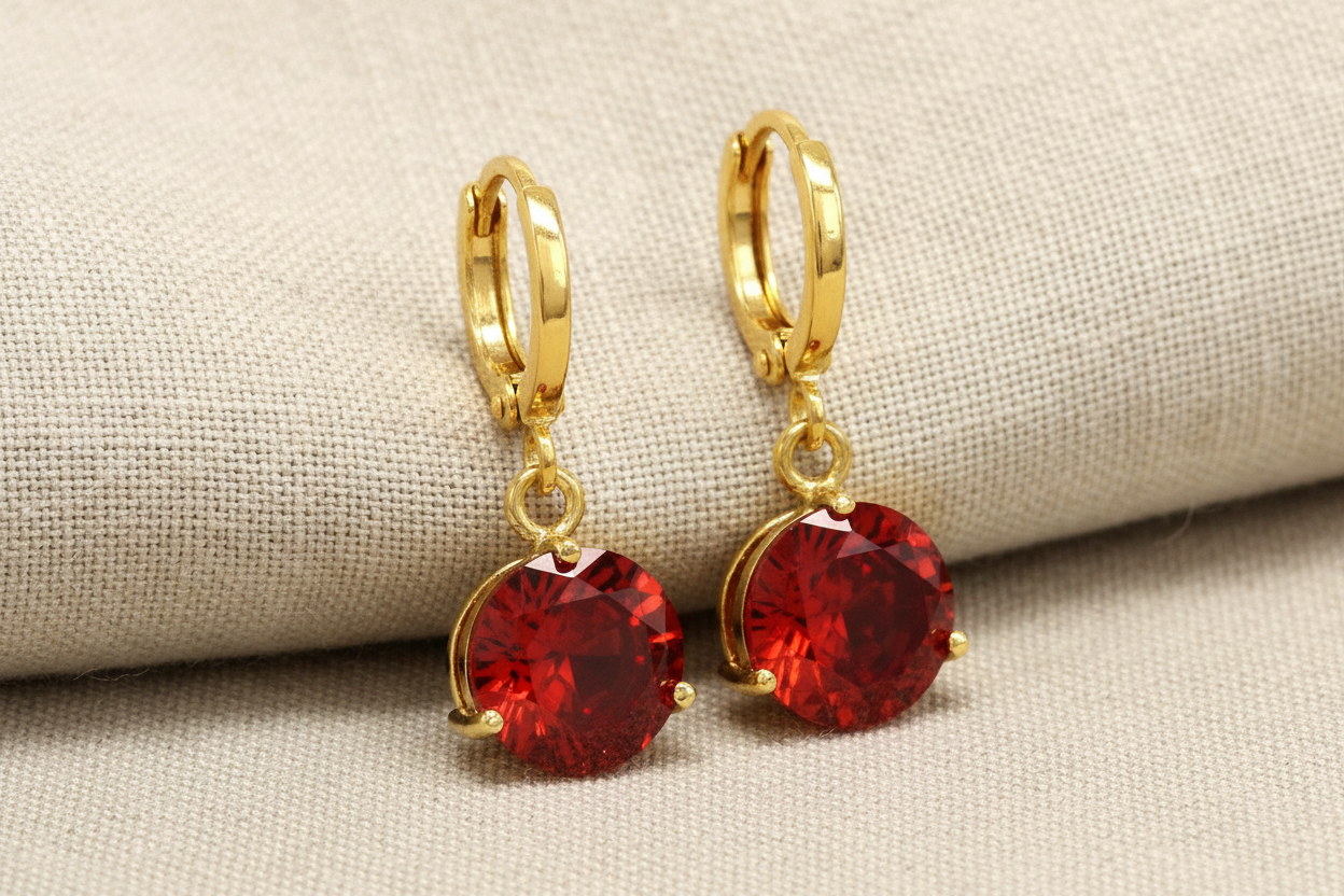 Red Gemstone Gold Earrings