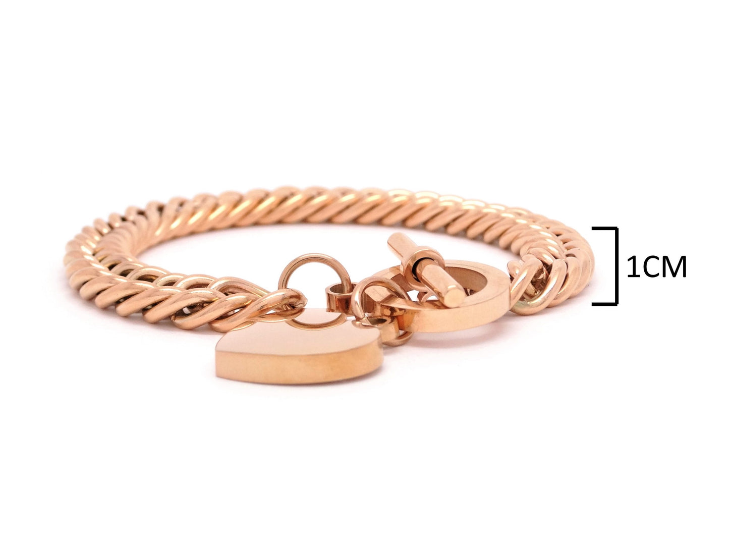 Rose gold double curb link heart bracelet MEASUREMENT