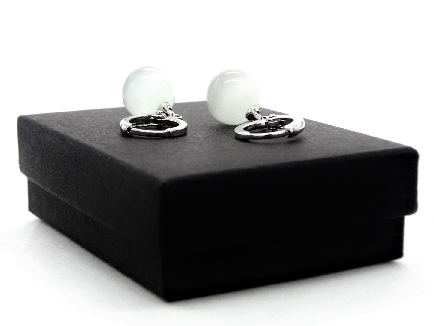 White moonstone hoop ball earrings GIFT BOX