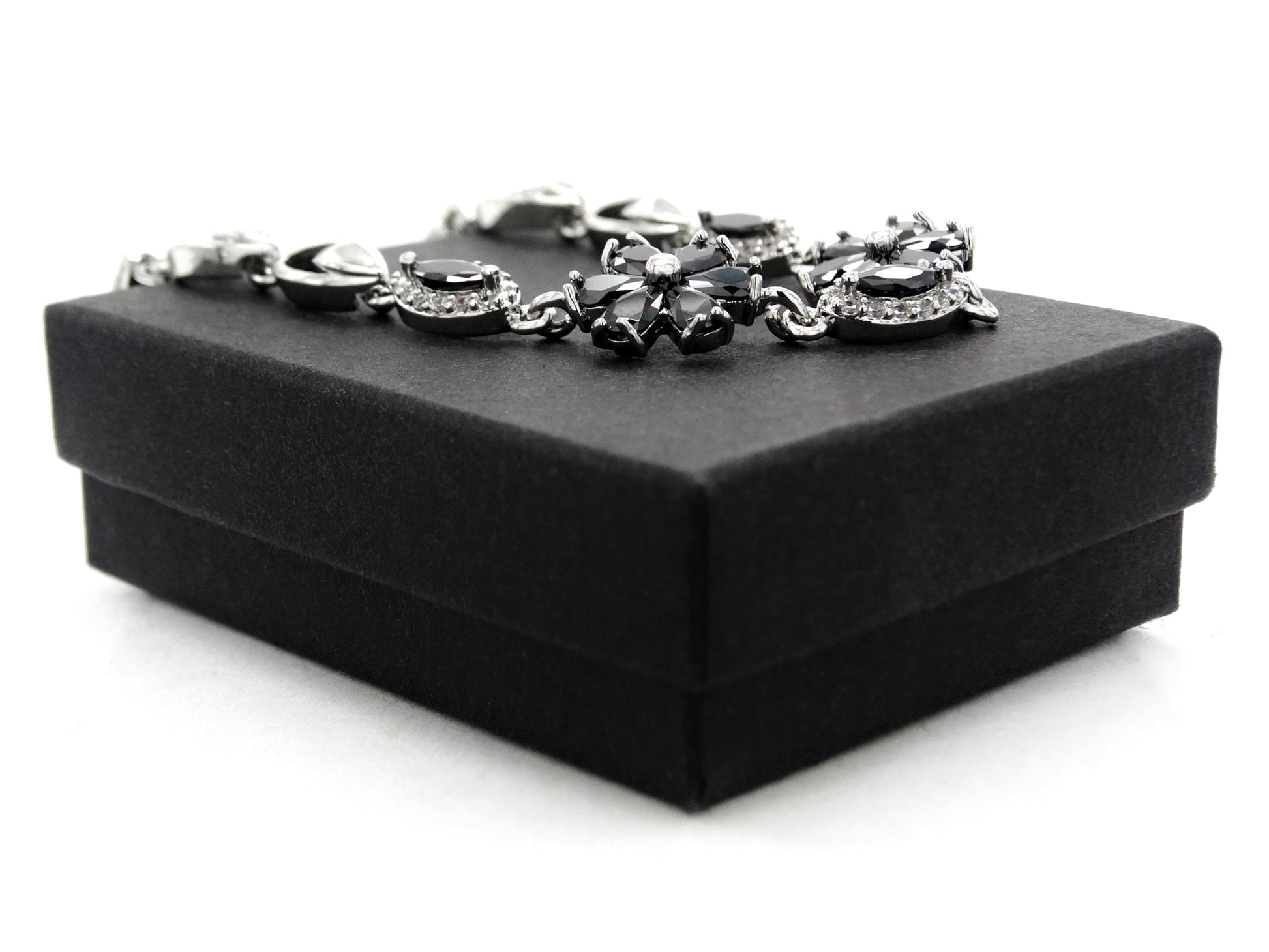 White gold black moonstone flower bracelet GIFT BOX