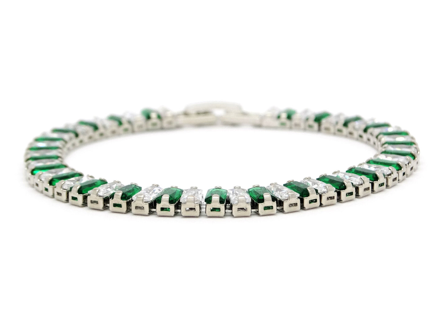Green and white baguette tennis bracelet DISPLAY