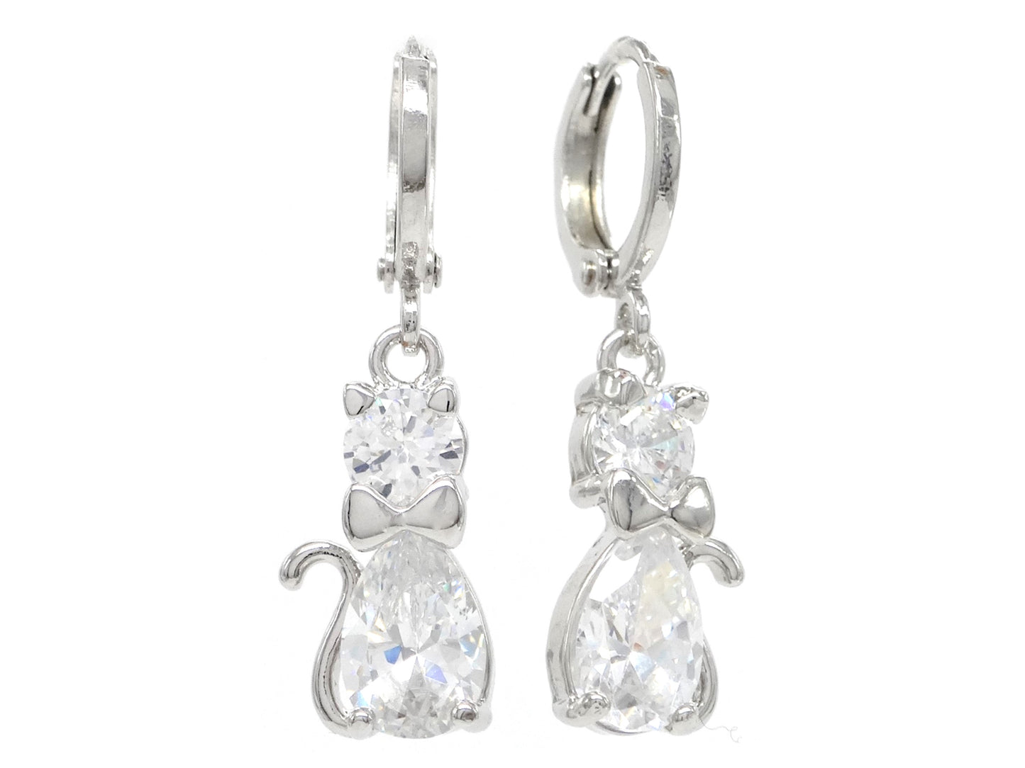 White gold cat drop earrings