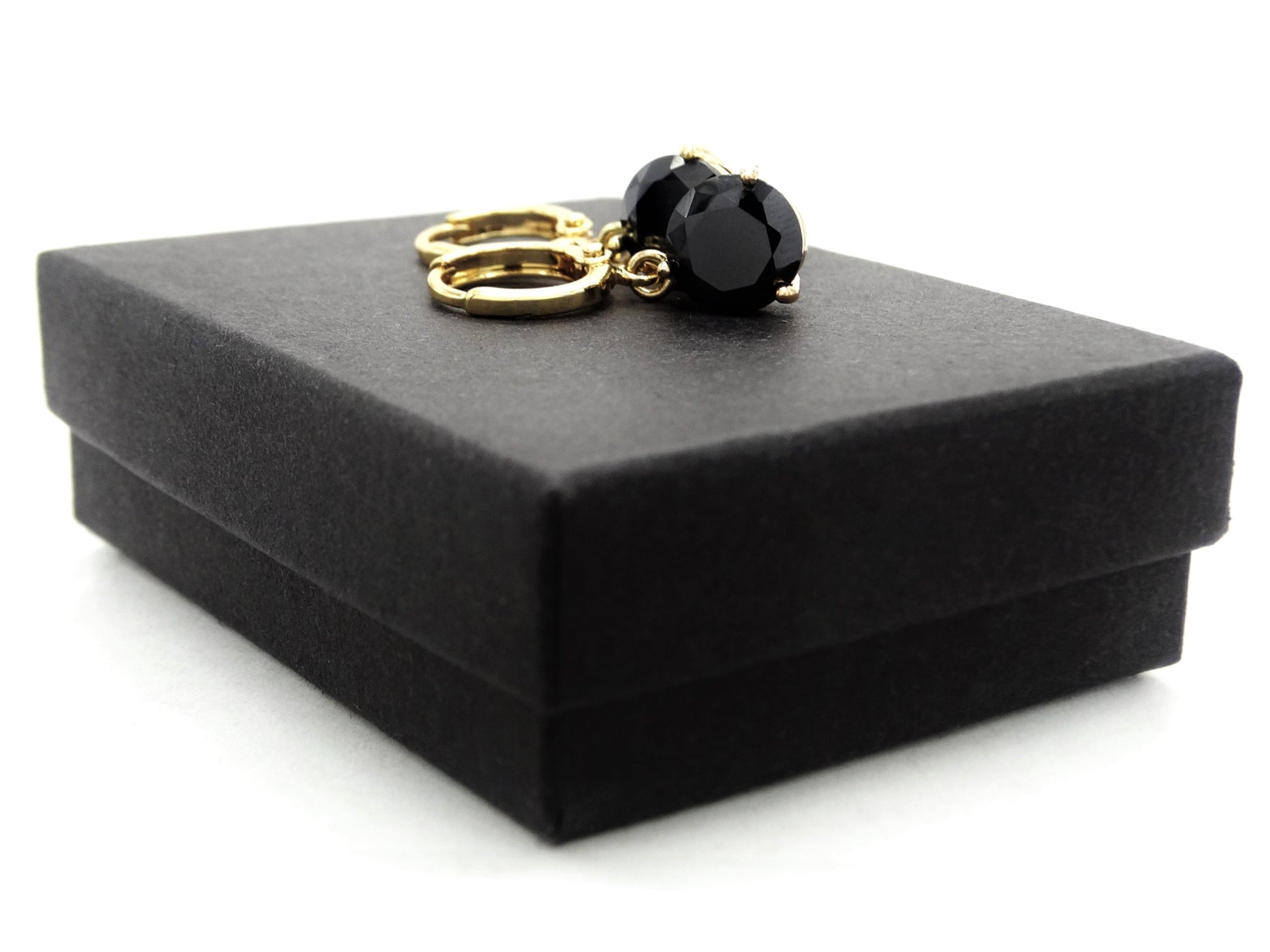 Black moonstone round yellow gold earrings GIFT BOX