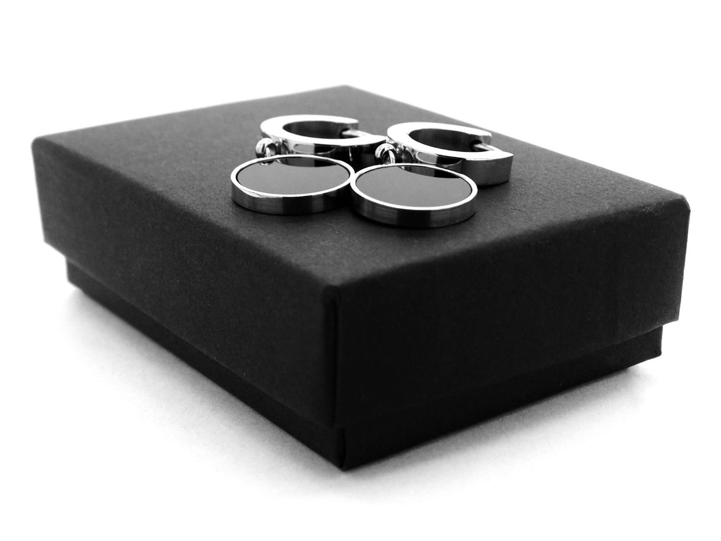 White gold black moonstone round earrings GIFT BOX