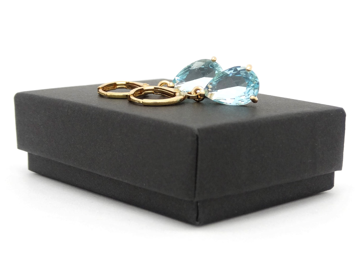 Light Blue Raindrop Yellow Gold Earrings GIFT BOX