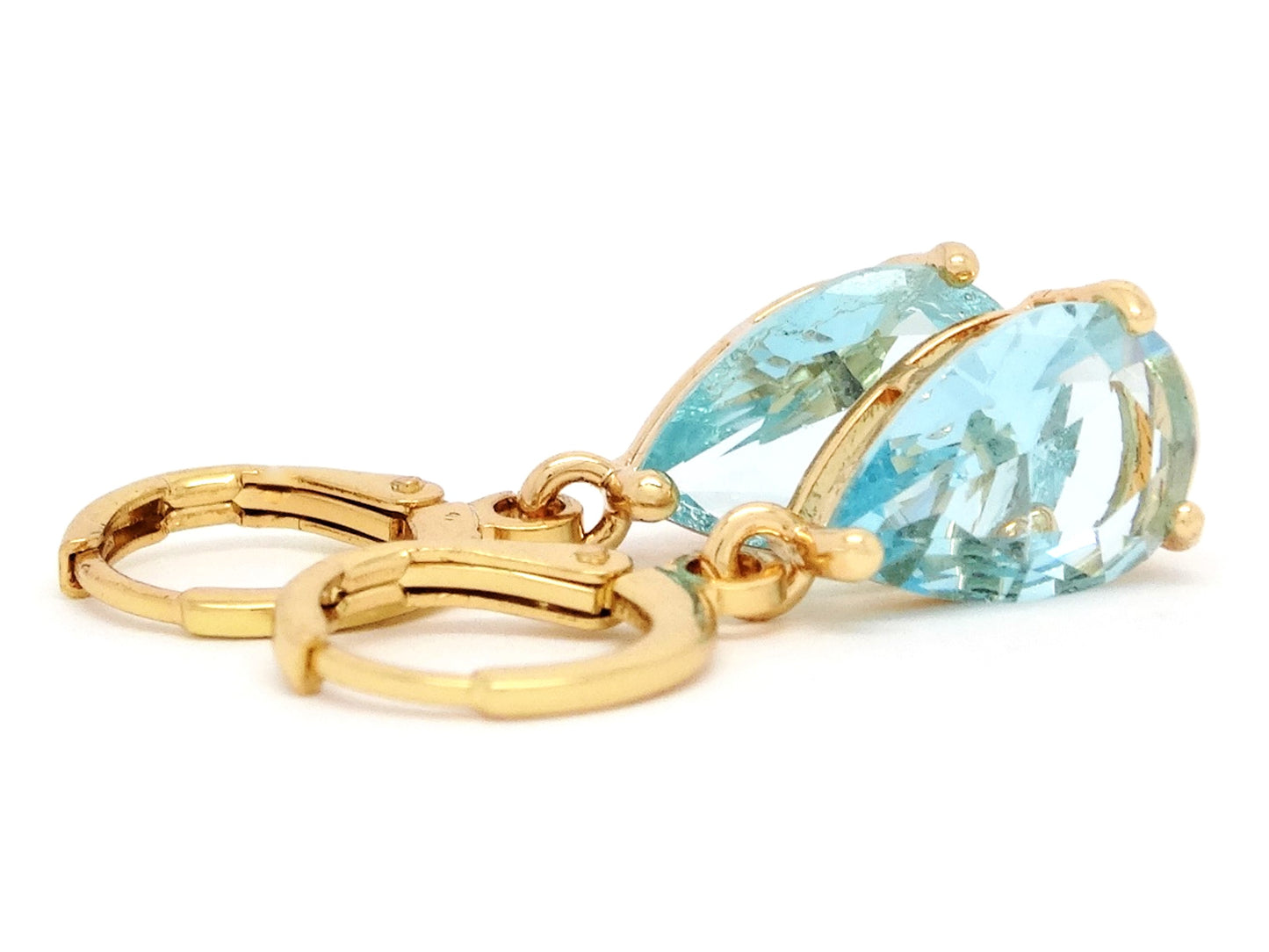 Light Blue Raindrop Yellow Gold Earrings DISPLAY