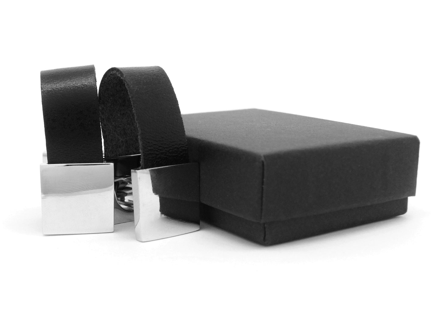 Black leather polished steel cufflinks GIFT BOX