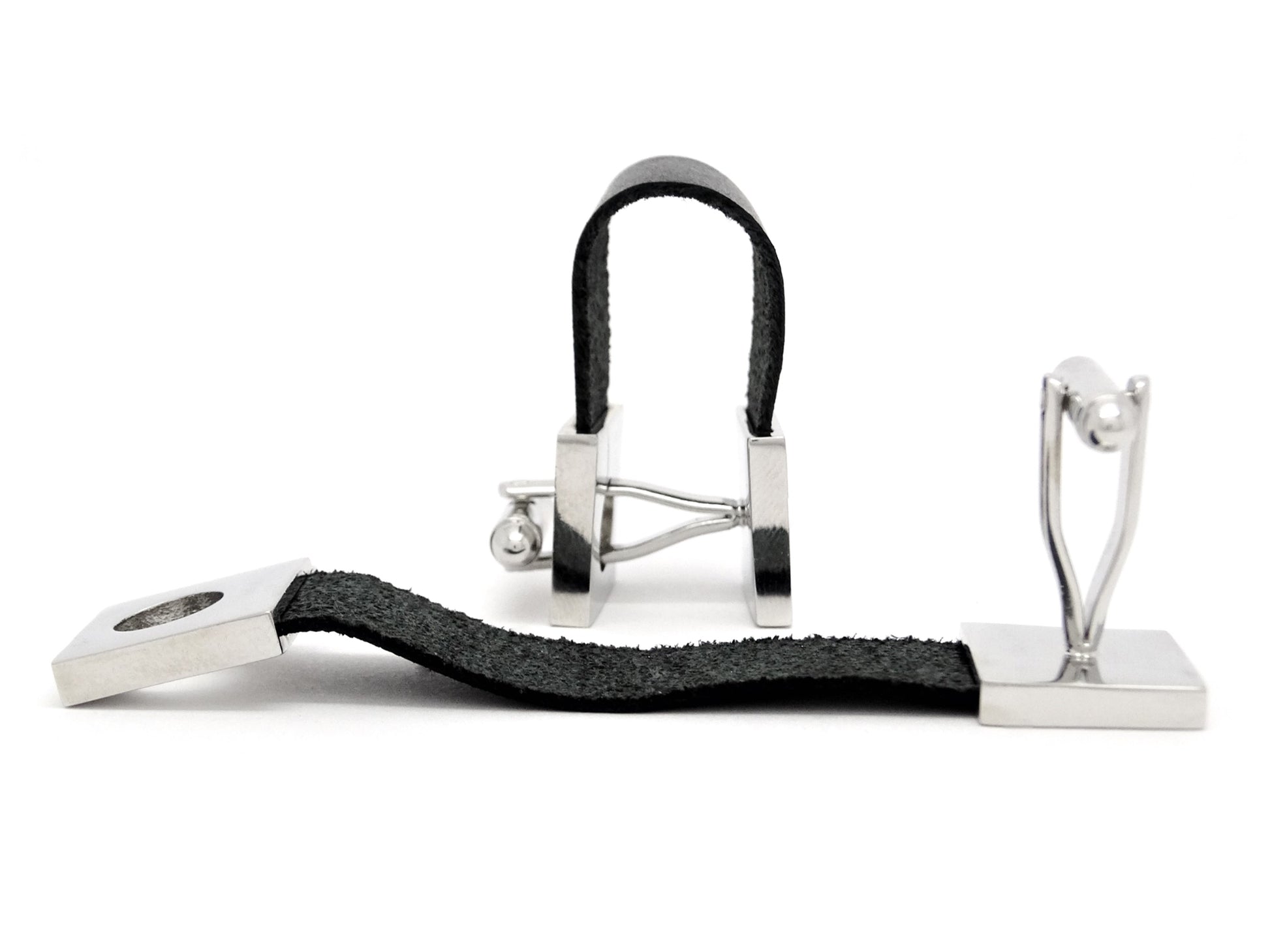 Black leather polished steel cufflinks DISPLAY
