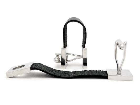 Black leather polished steel cufflinks DISPLAY