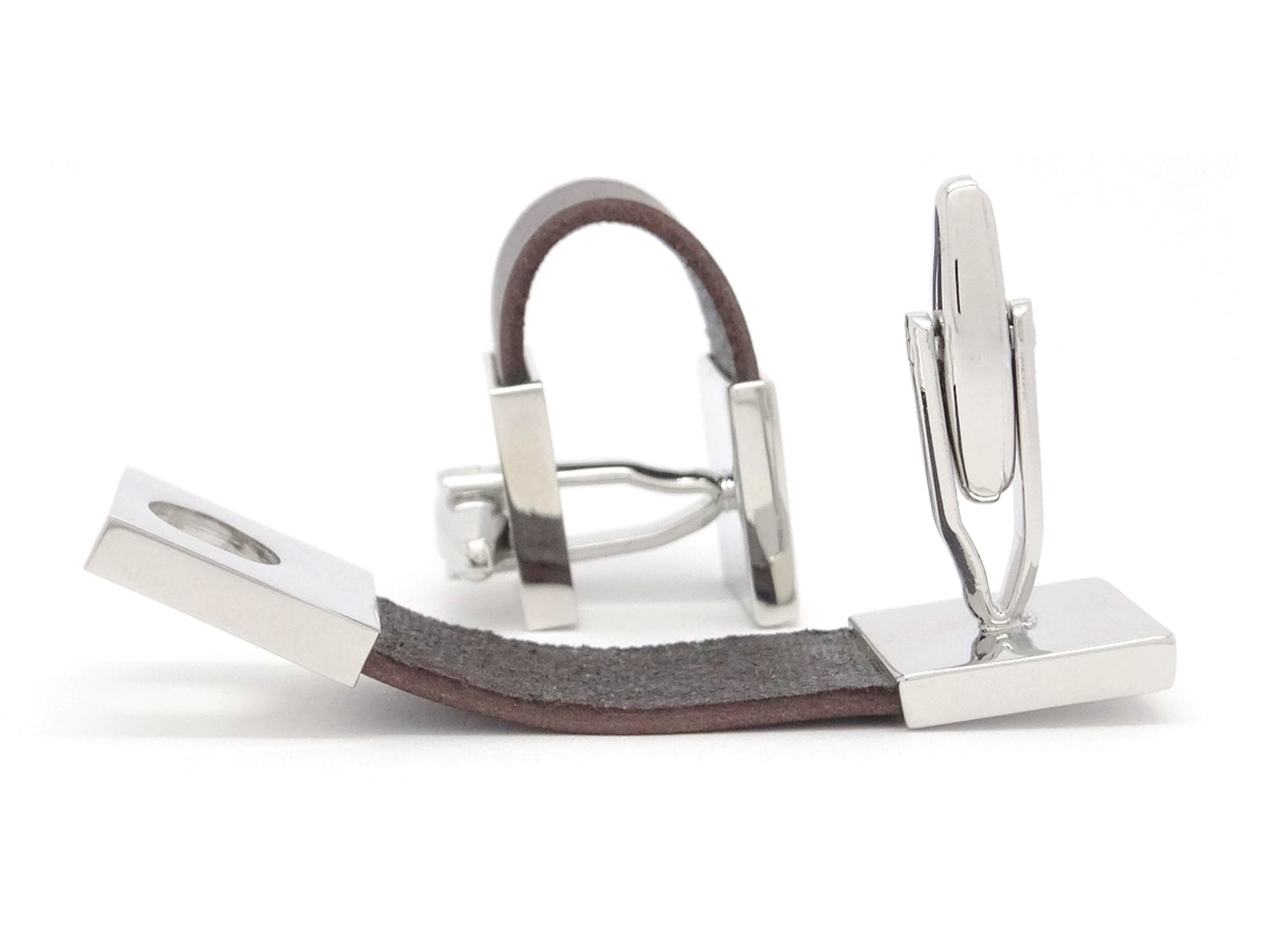 Brown Leather Polished Steel Cufflinks SIDE