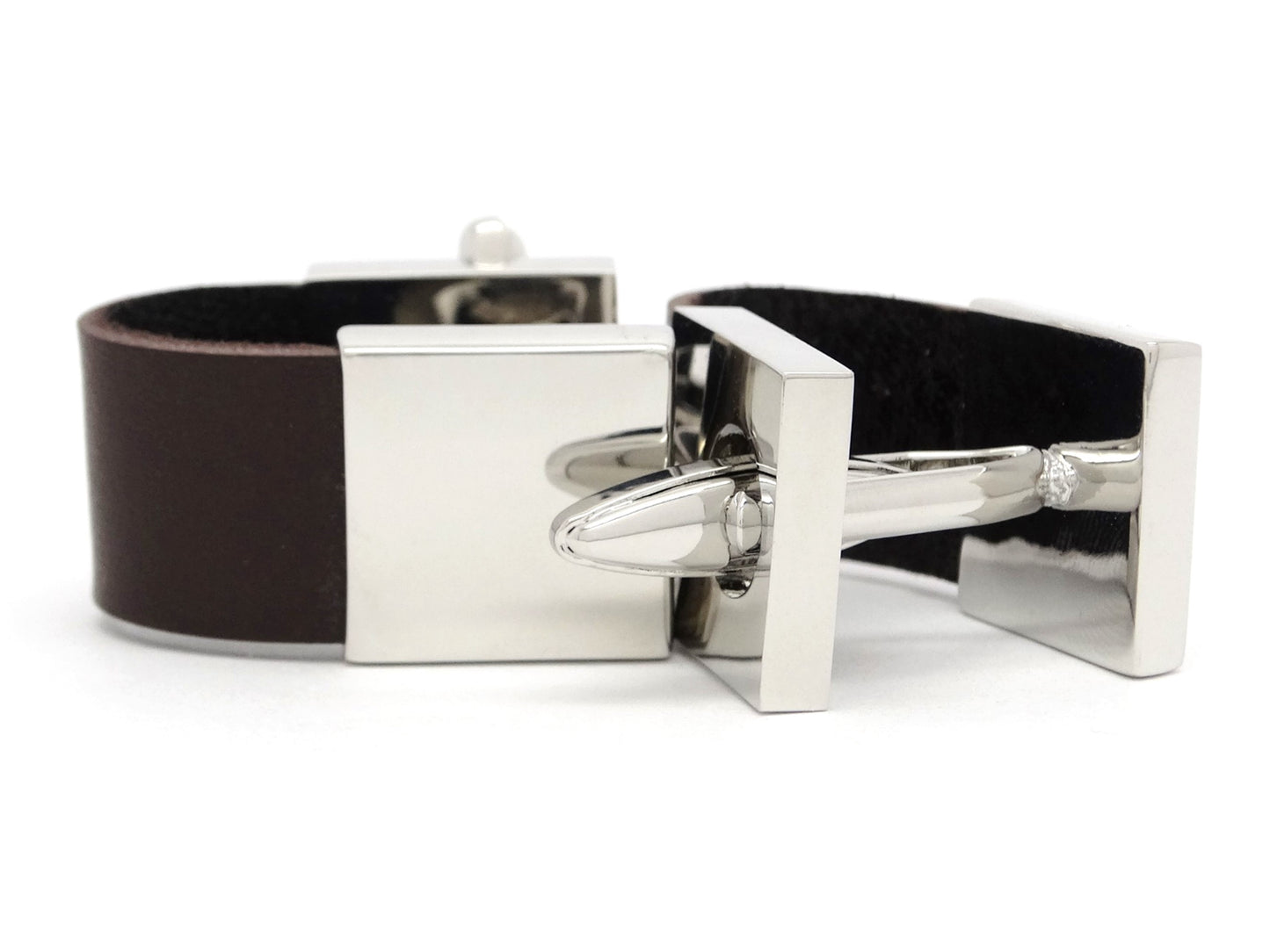 Brown Leather Polished Steel Cufflinks DISPLAY
