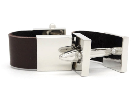 Brown Leather Polished Steel Cufflinks DISPLAY