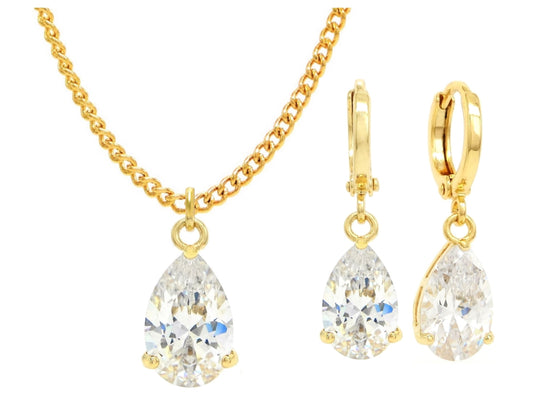 Yellow gold white pear gem necklace and earrings MAIN