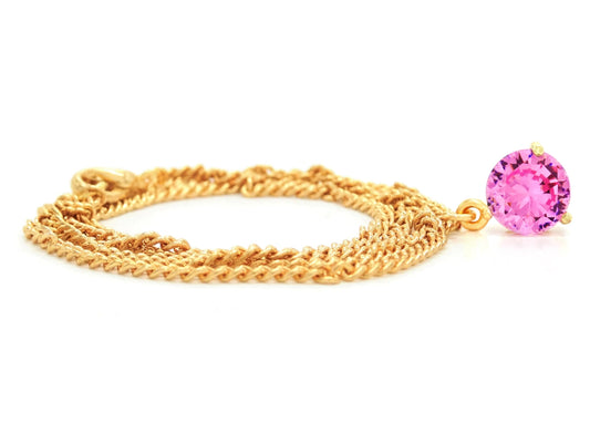 Yellow gold pink round gem necklace and earrings FRONT