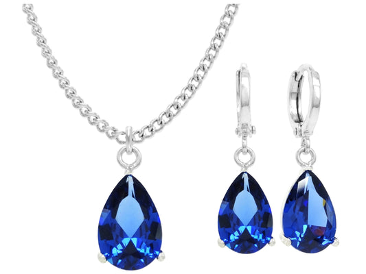 White gold blue pear gem necklace and earrings MAIN
