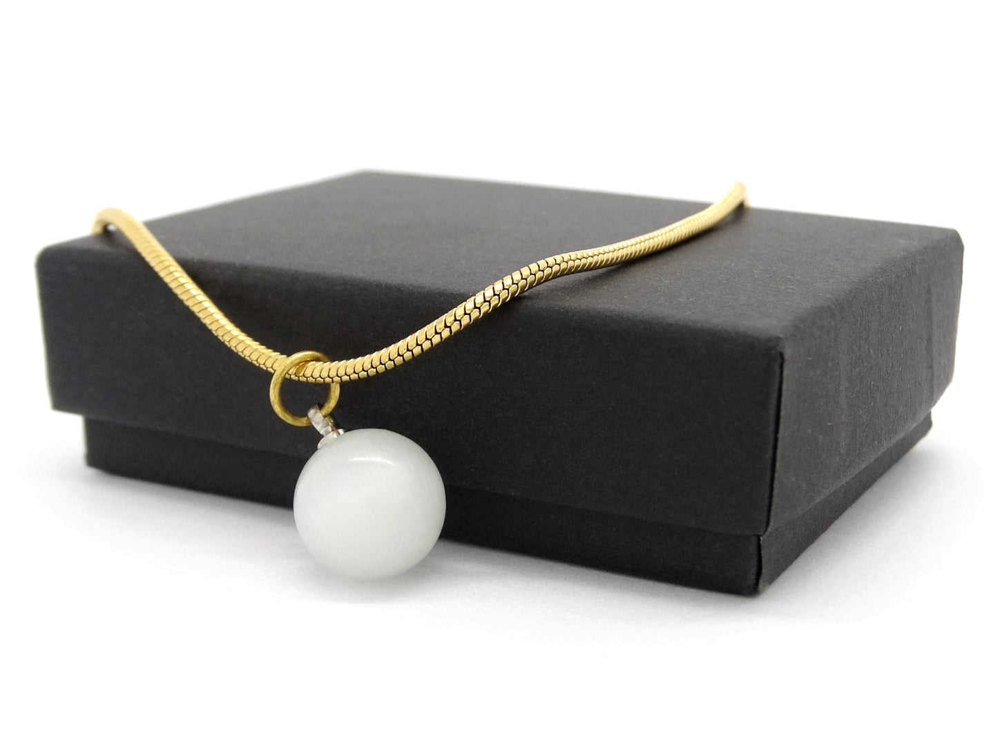 White moonstone ball yellow gold necklace GIFT BOX