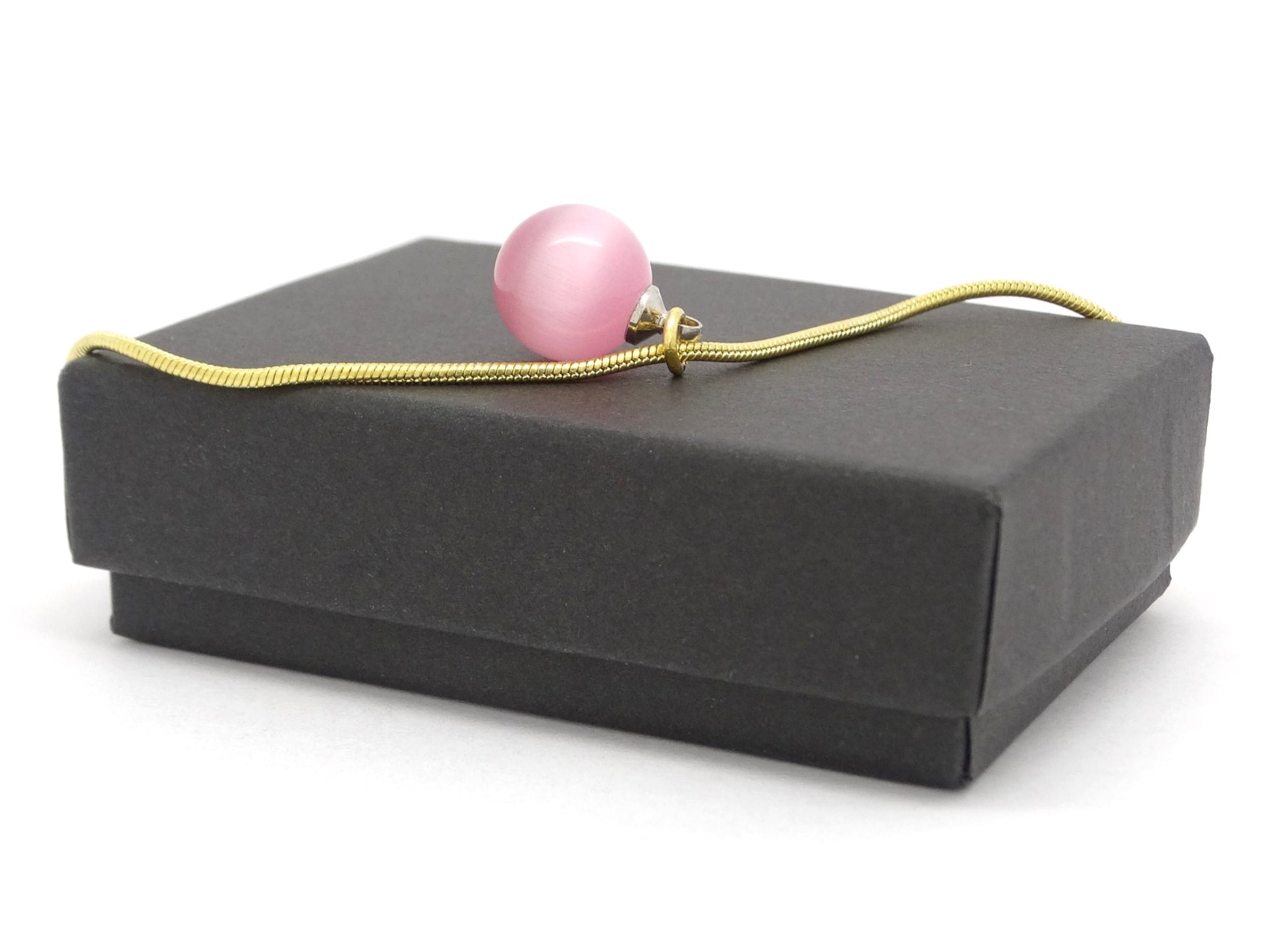 Pink moonstone ball yellow gold necklace GIFT BOX