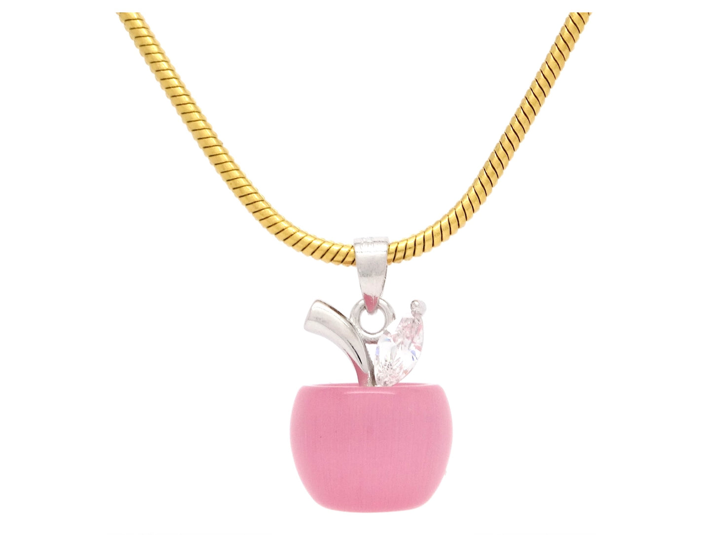 Pink moonstone apple yellow gold necklace FRONT