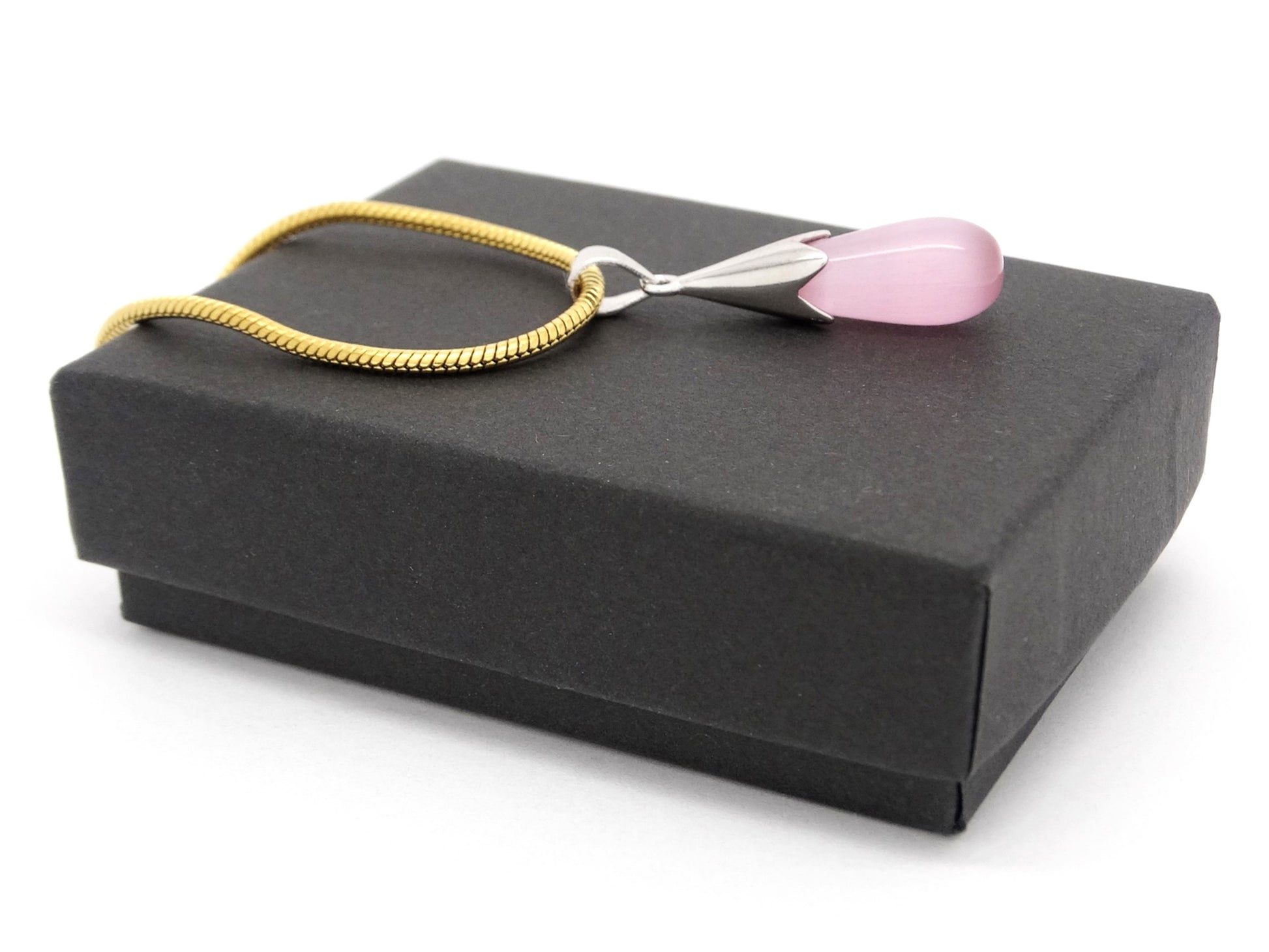 Pink moonstone teardrop yellow gold necklace GIFT BOX
