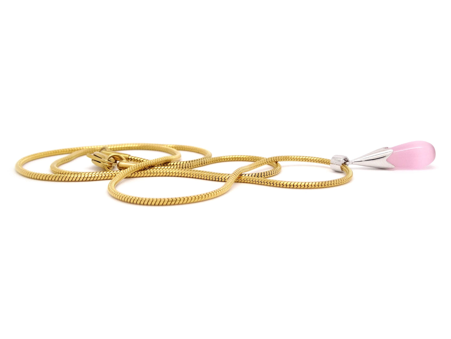 Pink moonstone teardrop yellow gold necklace DISPLAY