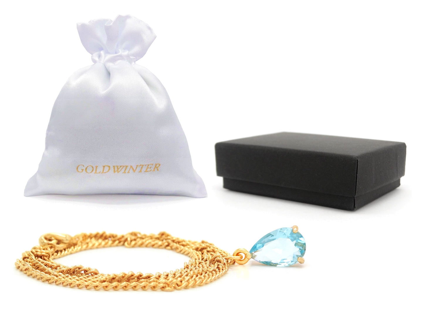 Light Blue Raindrop Yellow Gold Necklace GIFT BOX