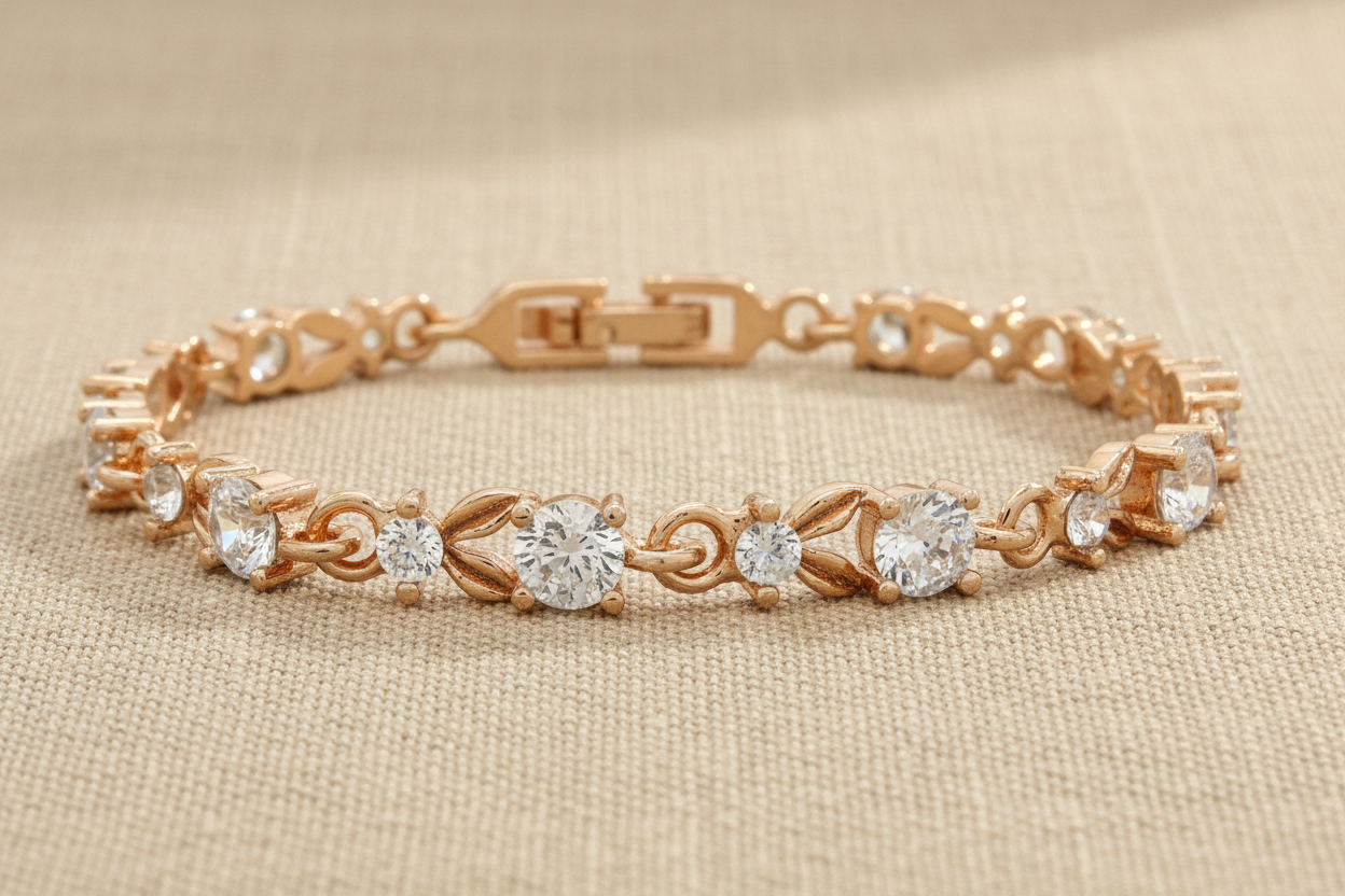 Yellow Gold Round White Gems Bracelet