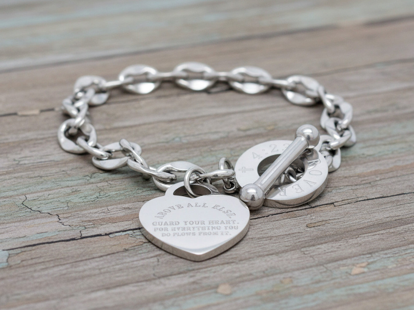 White Gold Proverbs 4:23 Bracelet