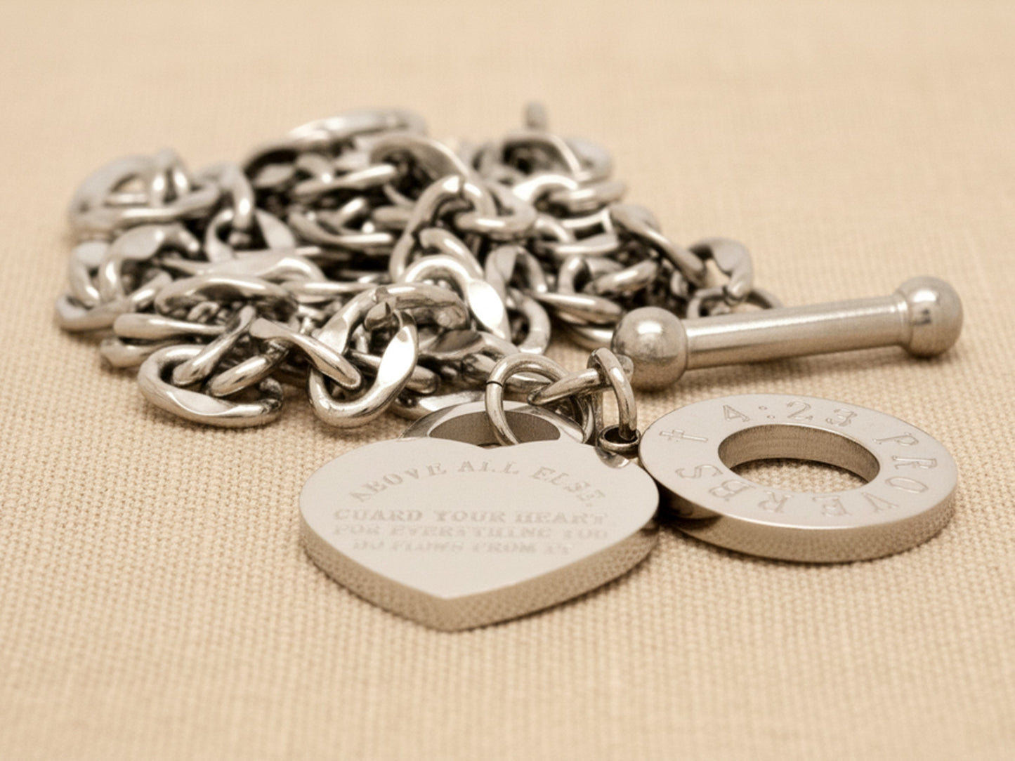 White Gold Proverbs 4:23 Bracelet