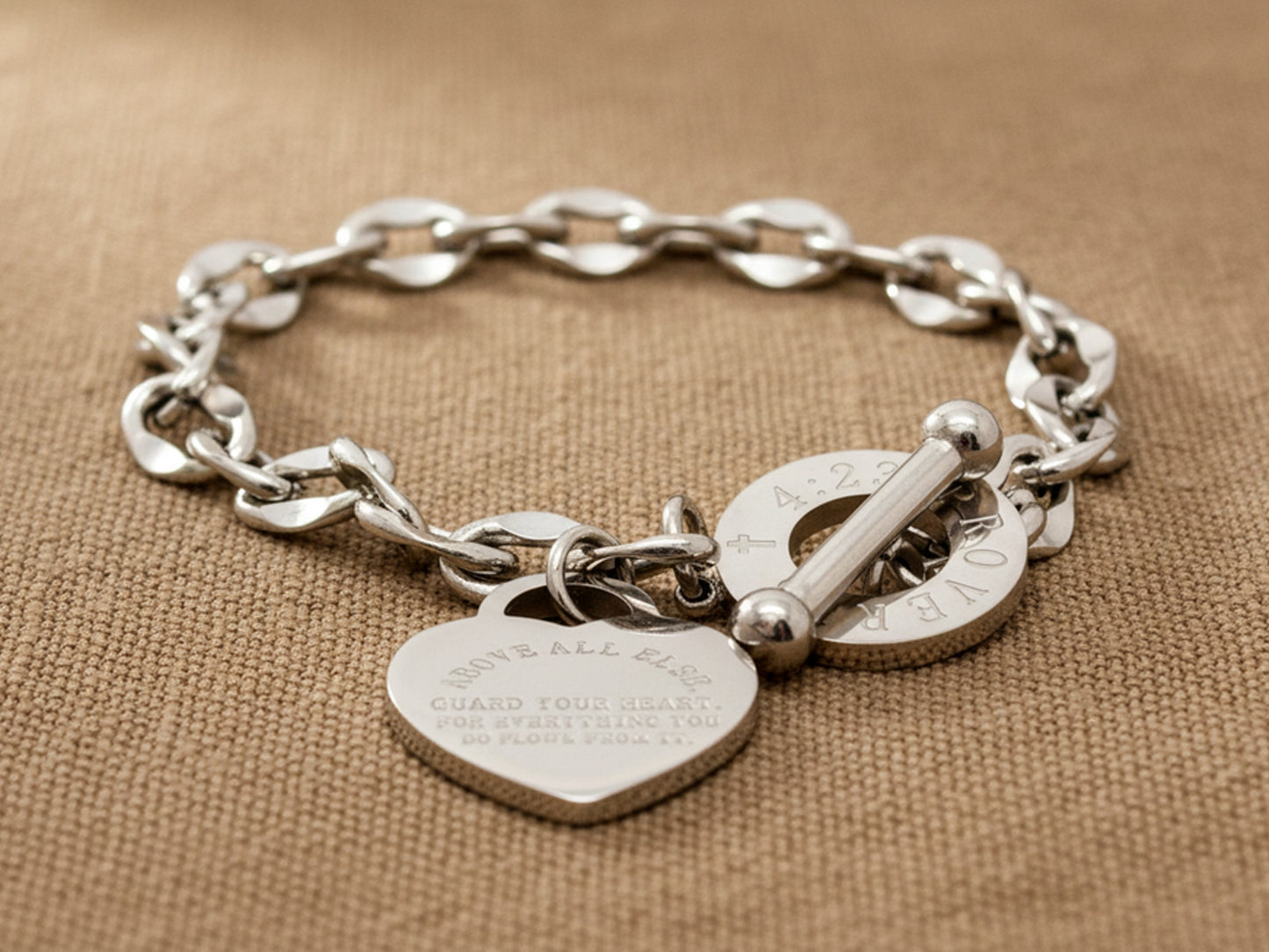 White Gold Proverbs 4:23 Bracelet