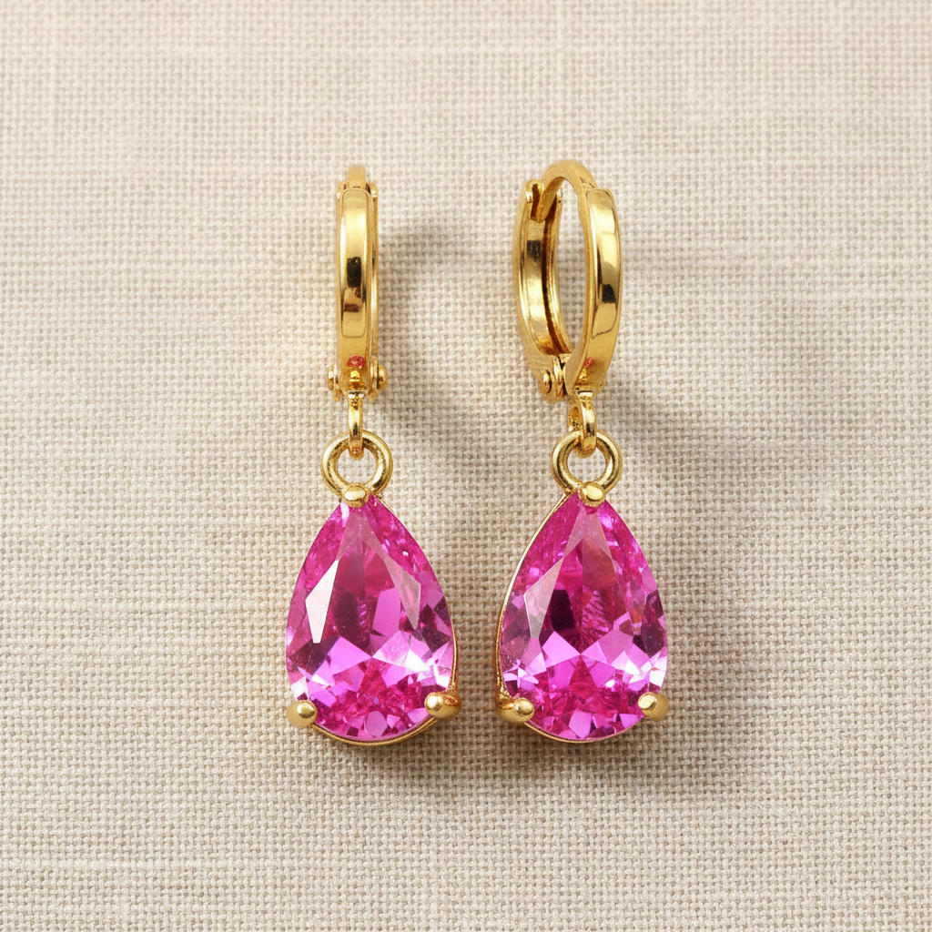 Pink Raindrop Yellow Gold Earrings