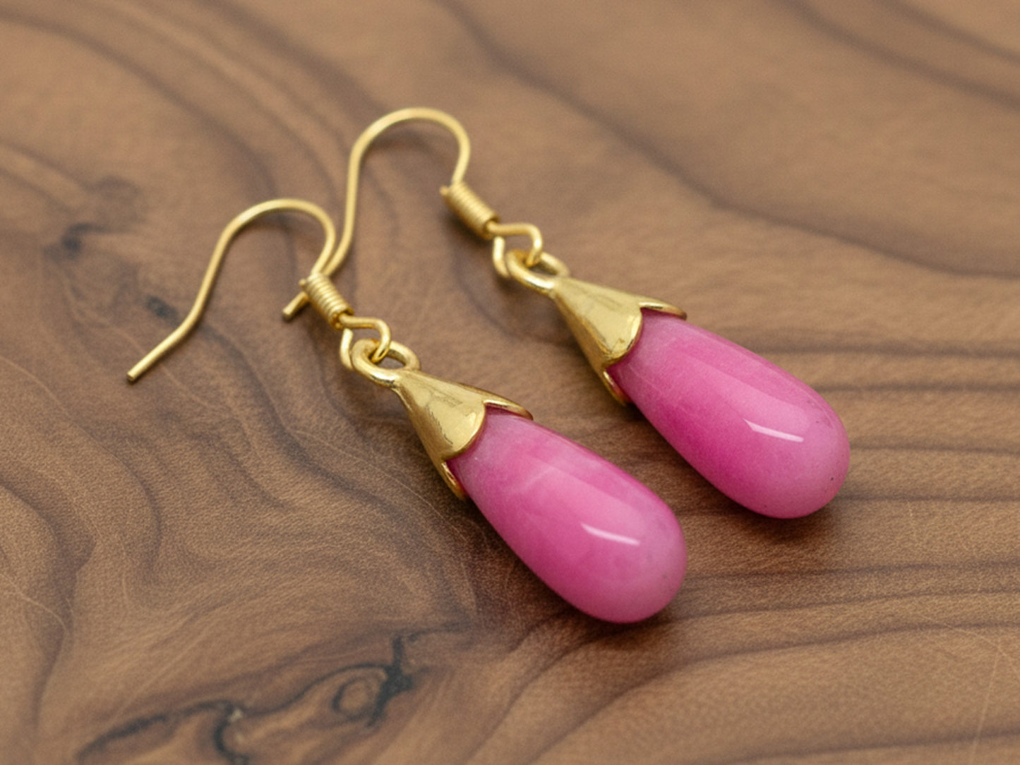 Pink Moonstone Teardrop Gold Earrings