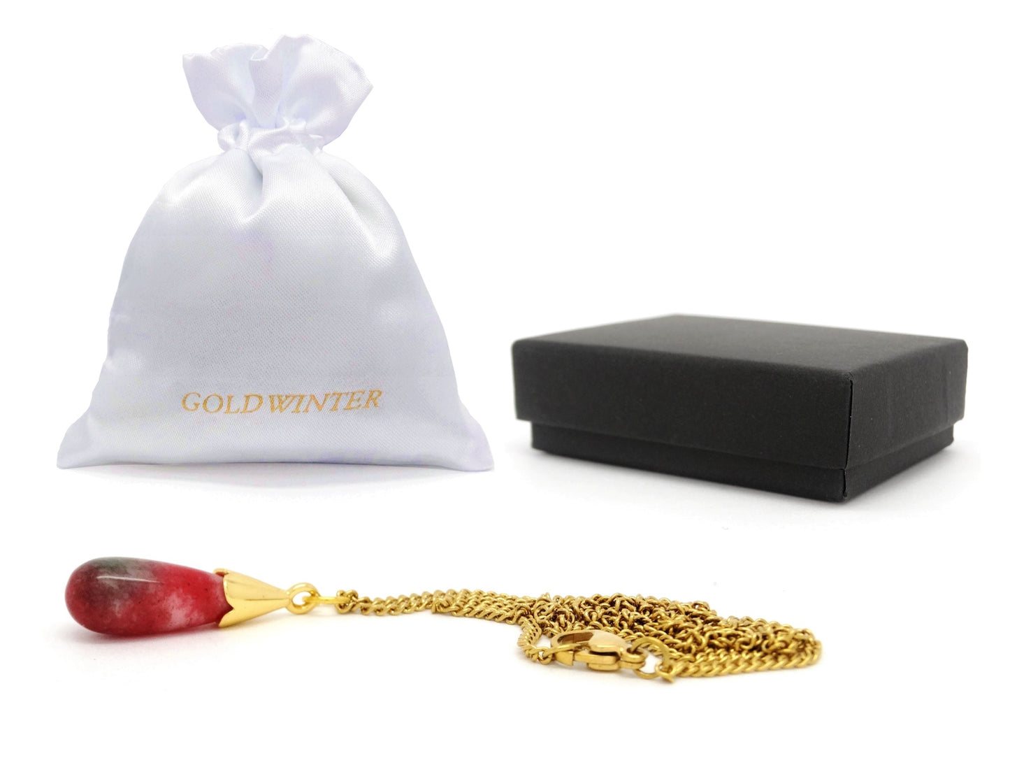 Red Moonstone Teardrop Gold Necklace GIFT BAG AND JEWELLERY BOX