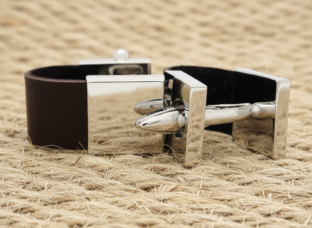 Brown Leather Polished Steel Cufflinks