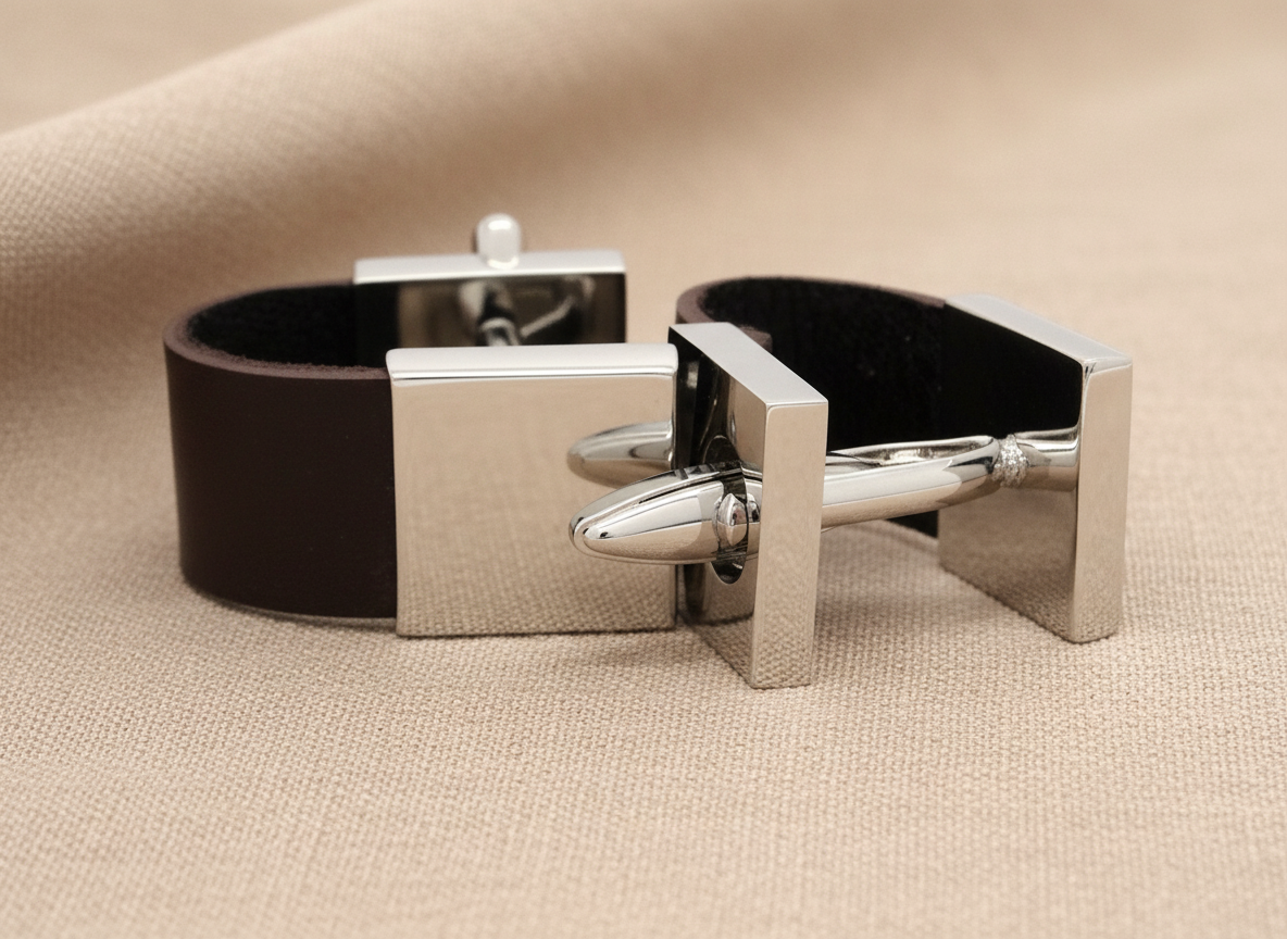 Brown Leather Polished Steel Cufflinks