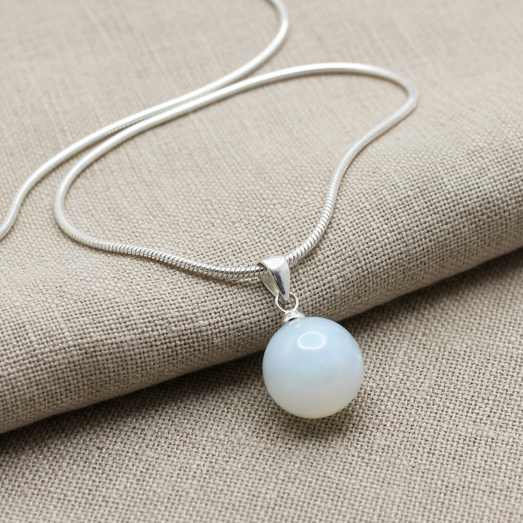 White Moonstone Ball Silver Necklace
