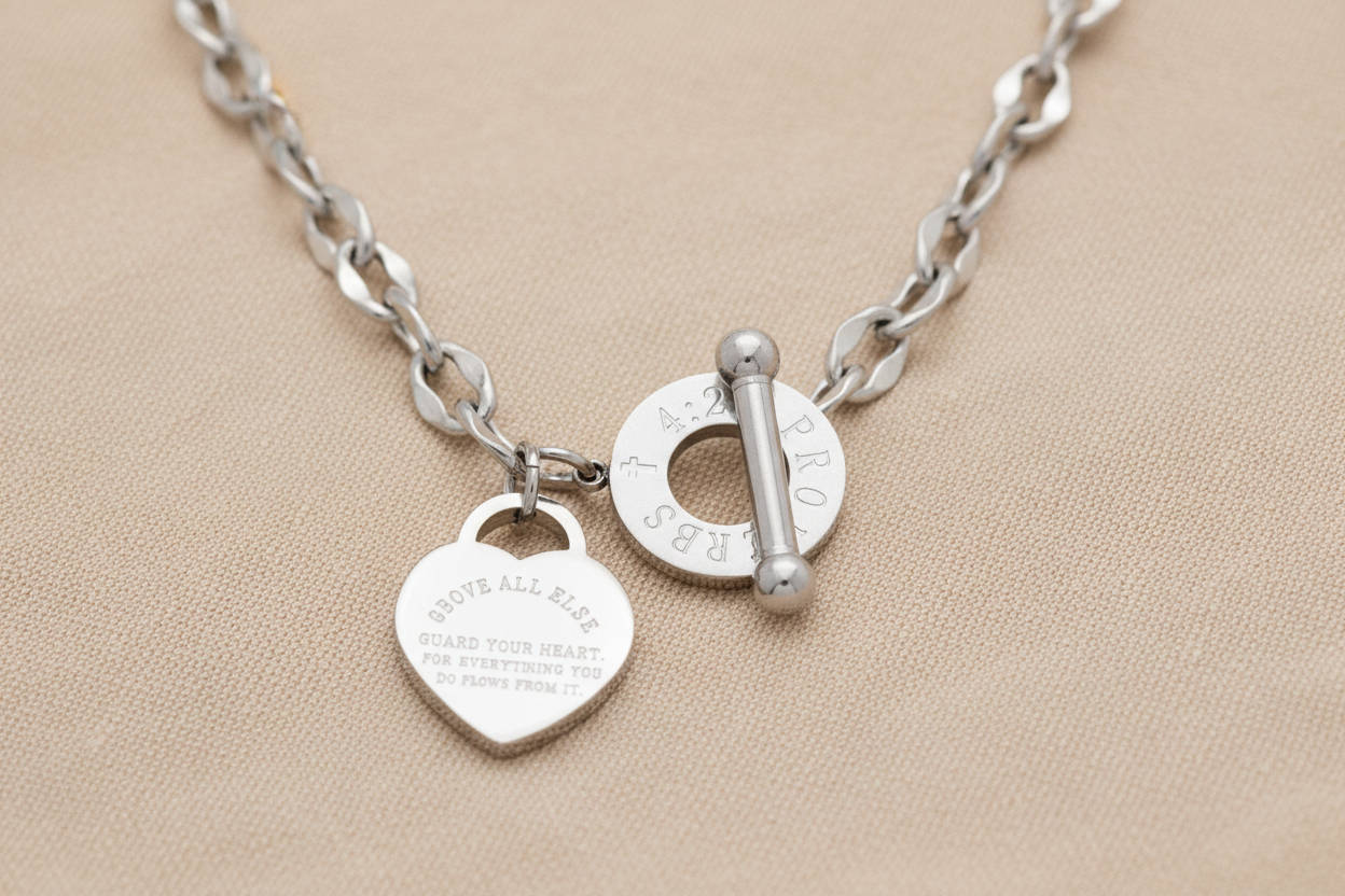 White Gold Proverbs 4:23 Necklace