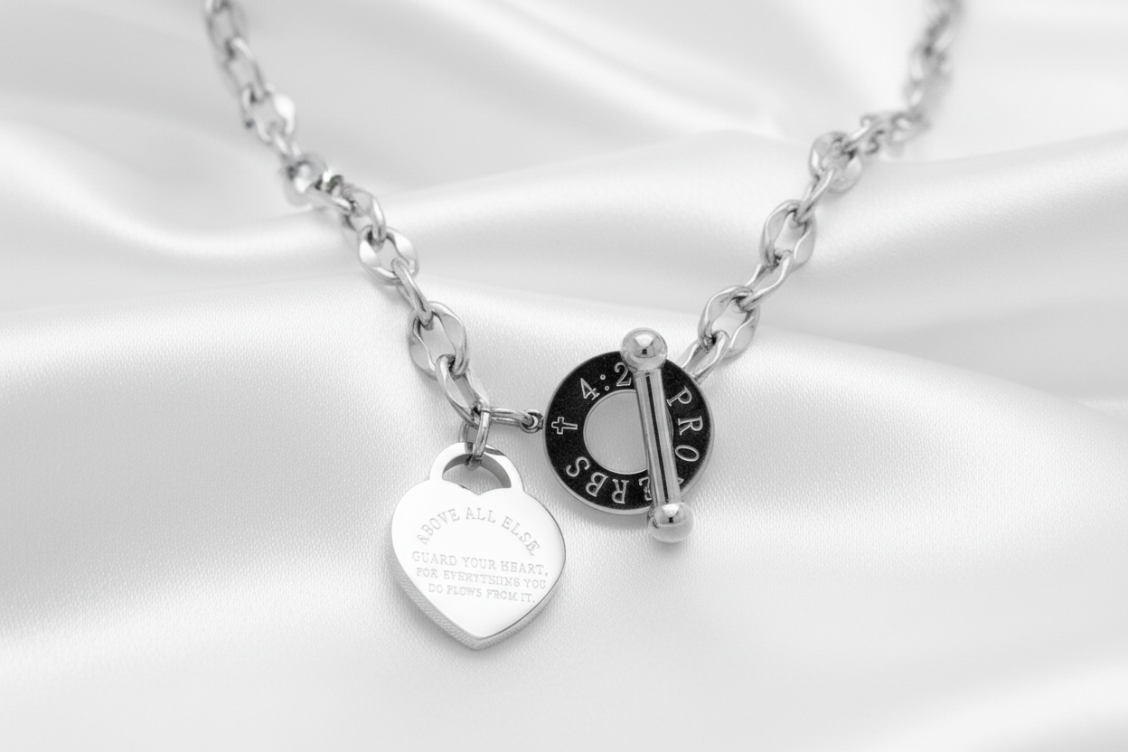 White Gold Proverbs 4:23 Necklace