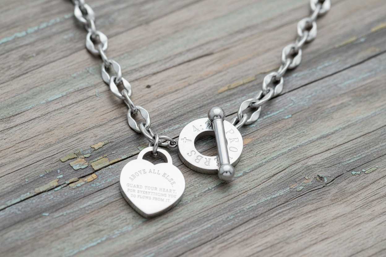 White Gold Proverbs 4:23 Necklace