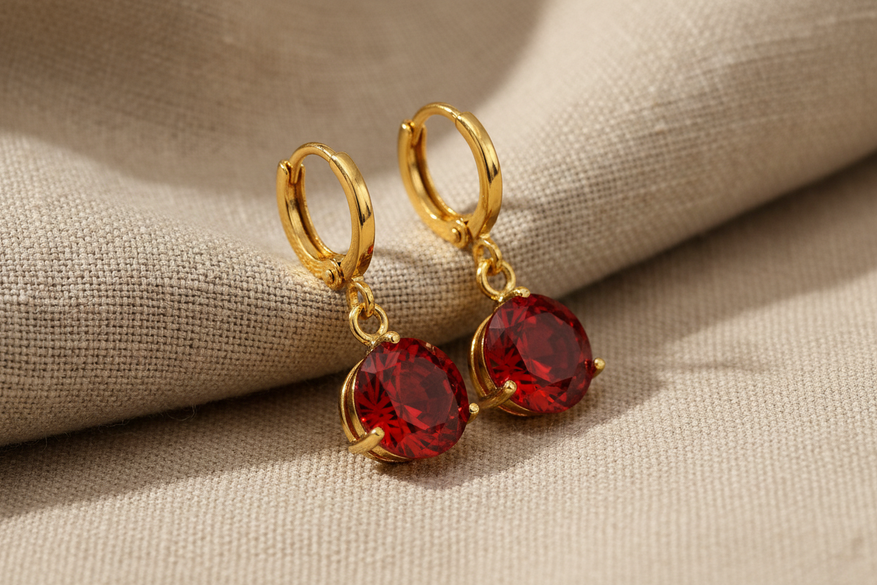 Red Gemstone Gold Earrings