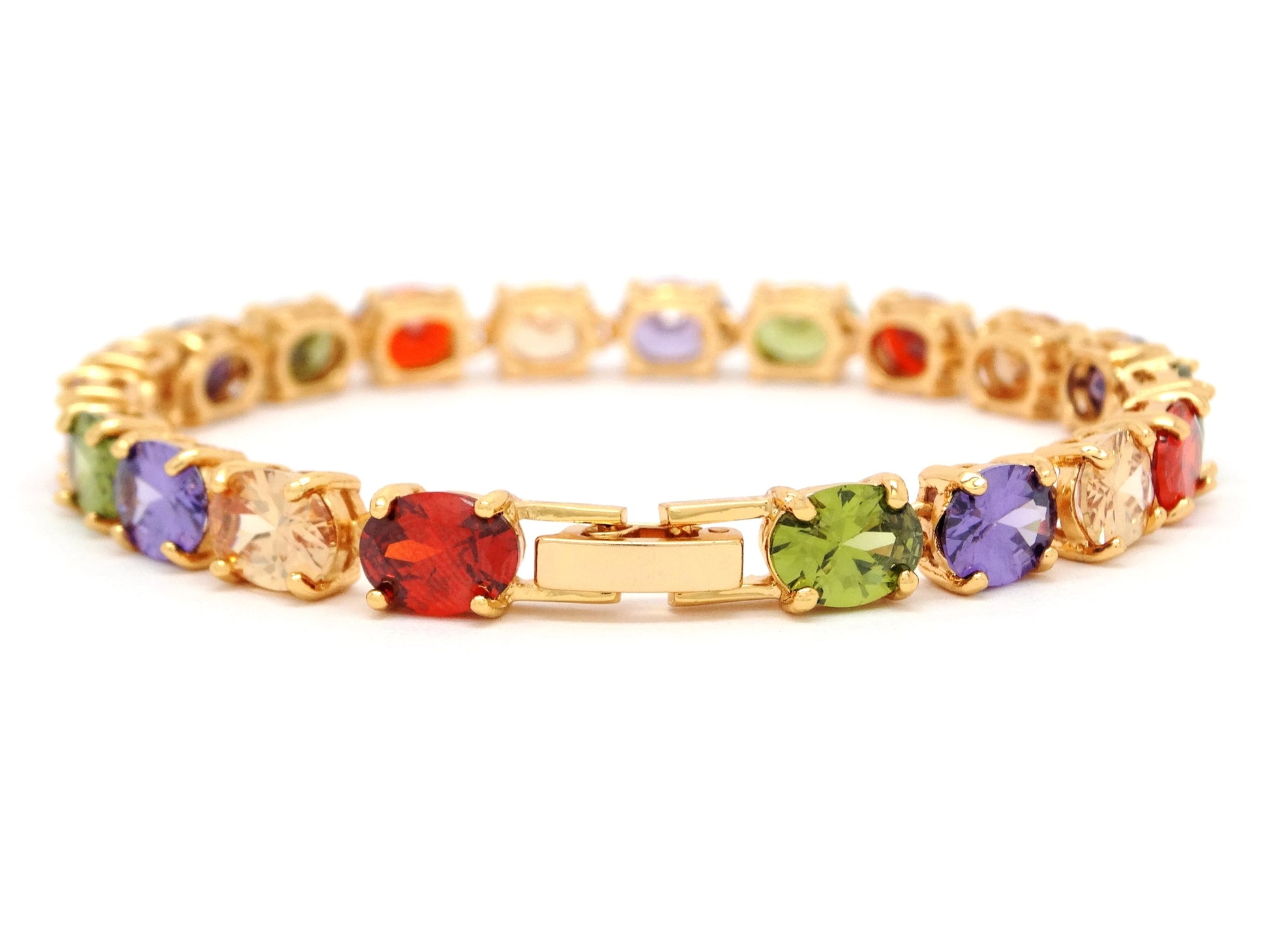 Yellow gold different colored oval gems bracelet BACK