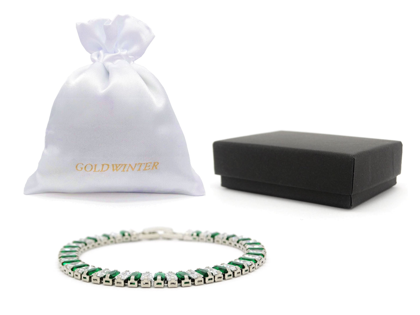 Green and white baguette tennis bracelet GIFT BAG AND BOX