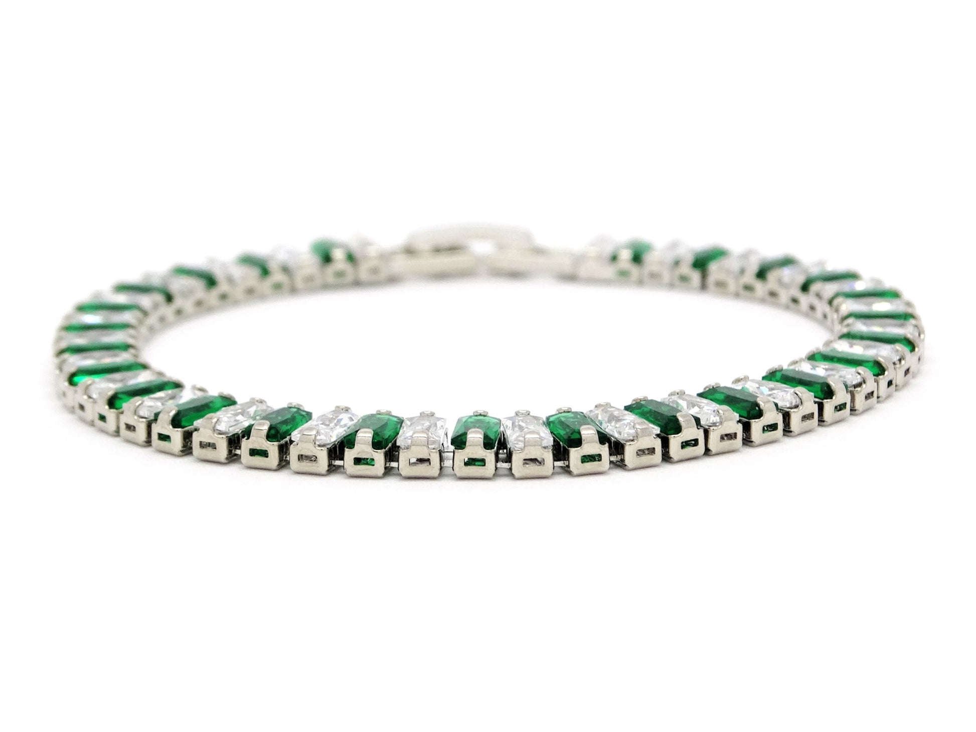 Green and white baguette tennis bracelet DISPLAY