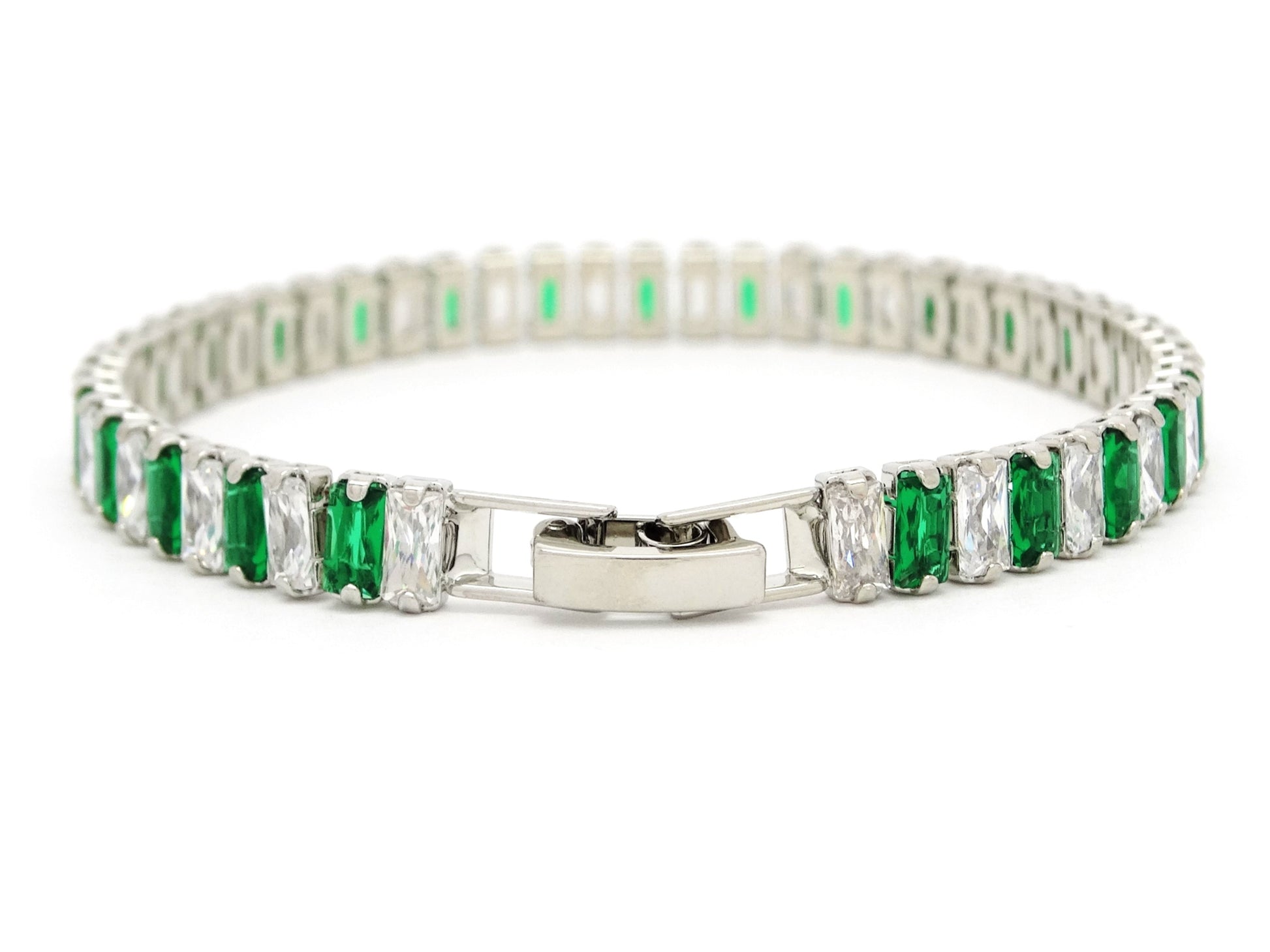 Green and white baguette tennis bracelet BACK
