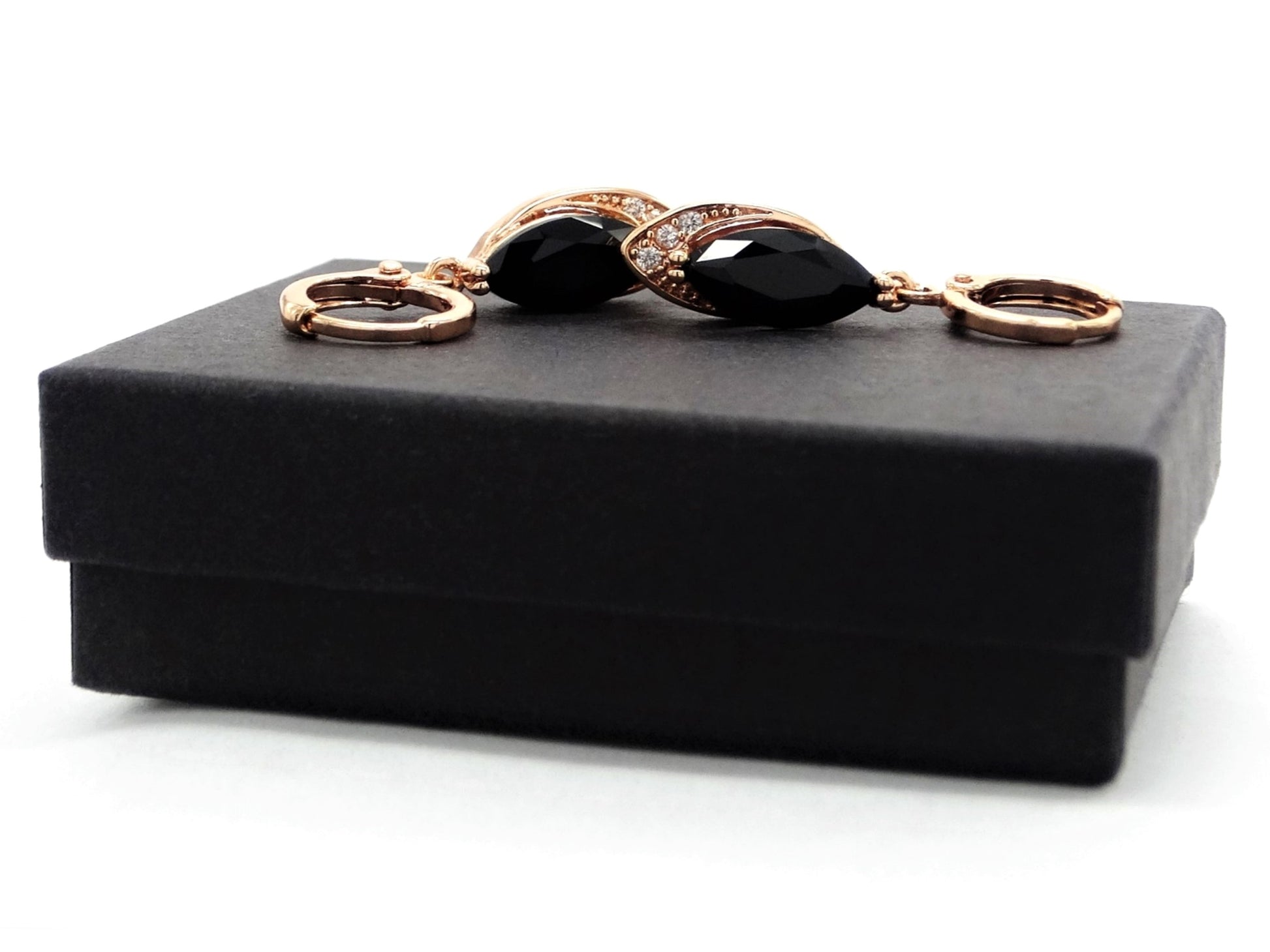 Rose gold black moonstone marquise earrings GIFT BOX