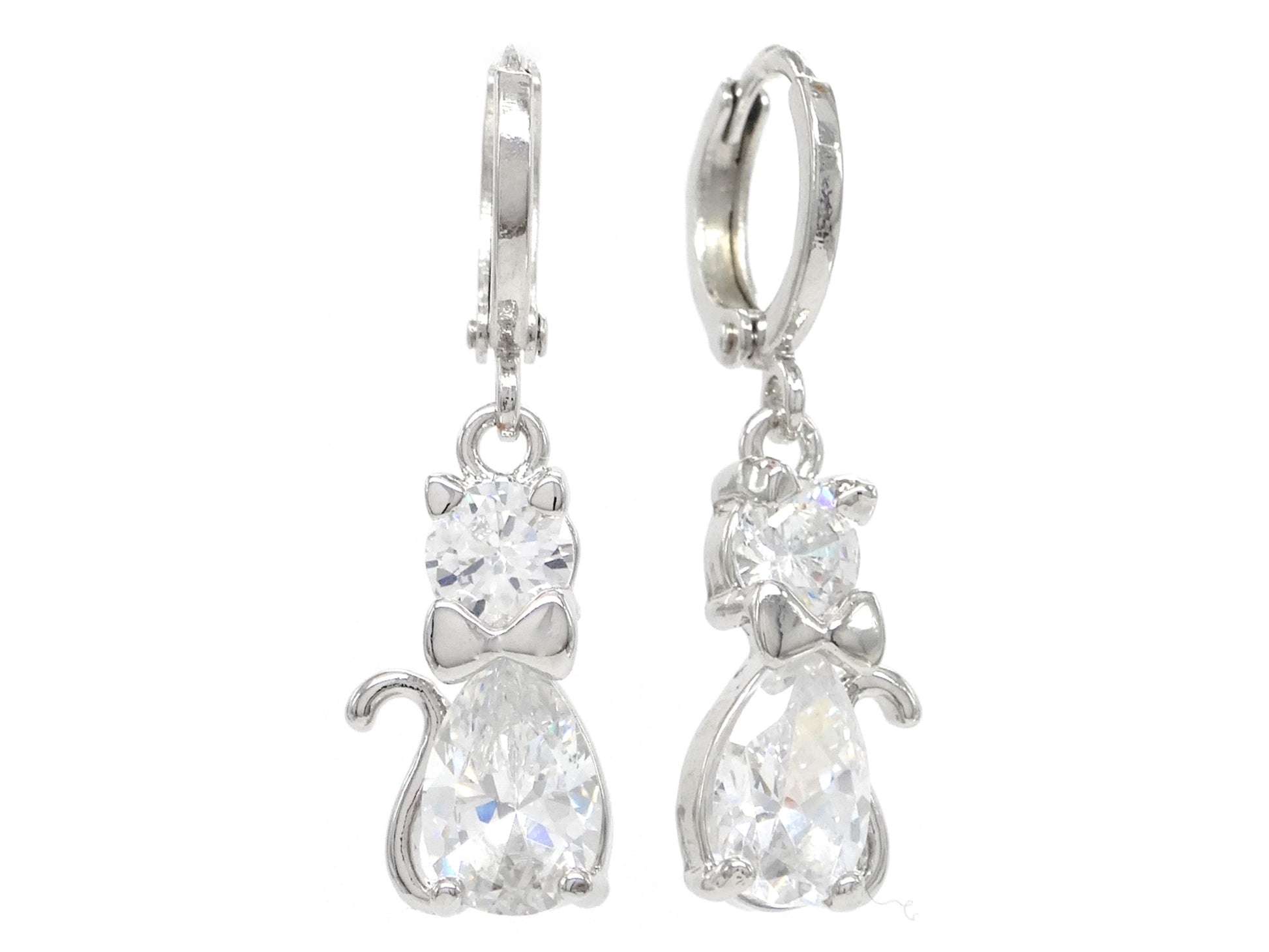 White Gold Cat Drop Earrings