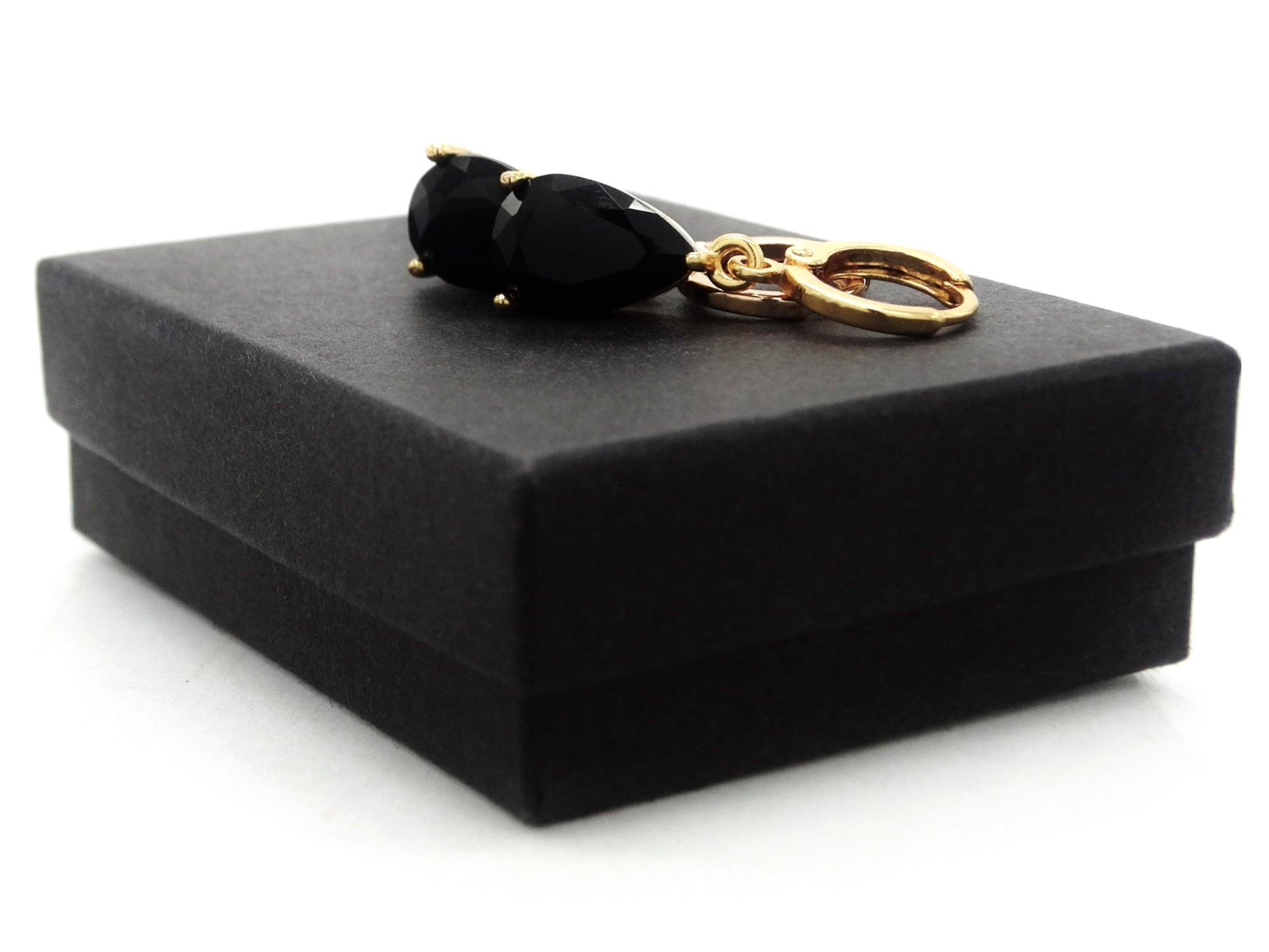 Black moonstone raindrop yellow gold earrings GIFT BOX