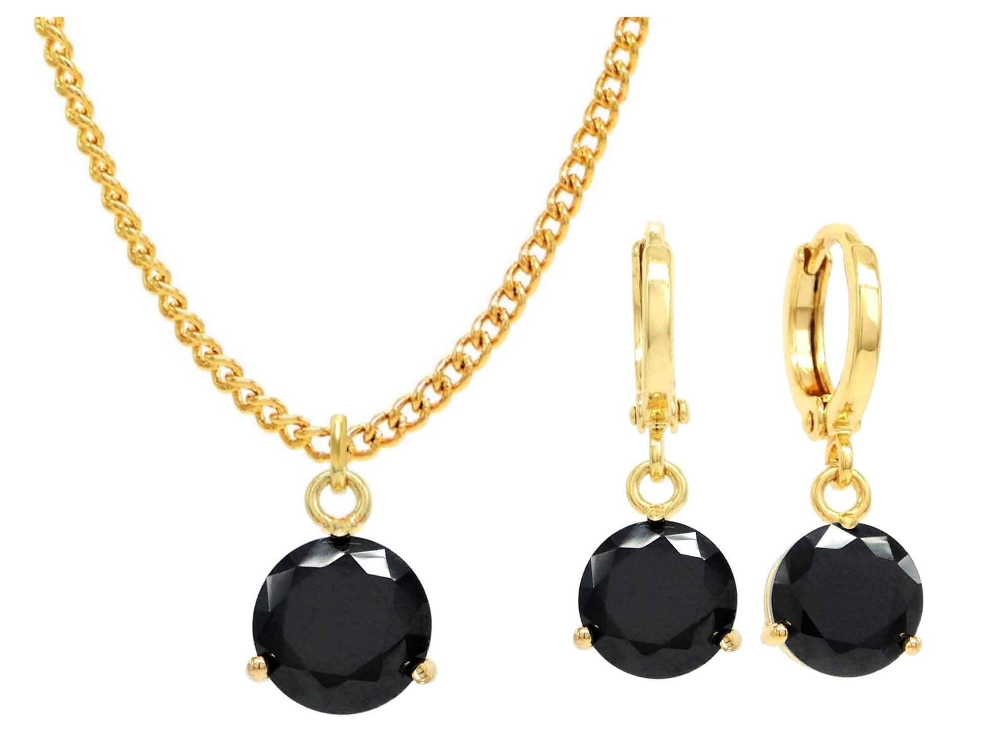 Yellow gold black round gem necklace and earrings MAIN